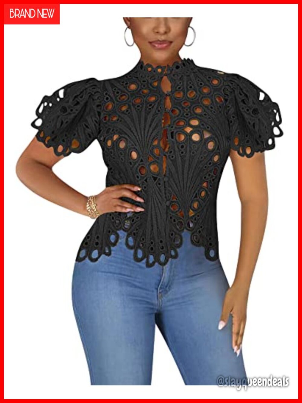 Lace Ruffle Puff Sleeve Button Down Top - Picture 1 of 6